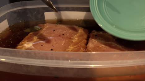 Person-removing-thick-raw-pork-lion-from-wet-brine