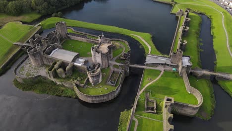 Spectacular-aerial-view-on-Caerphilly-Castle-in-south-Wales