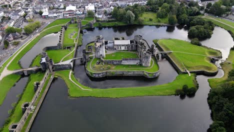 Aerial-view-on-medieval-Caerphilly-Castle-in-South-Wales,-United-Kingdom