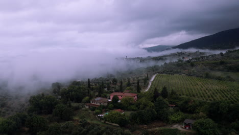 Drone-slowly-panning-around-beautiful-landscape-with-trees-and-a-few-houses,-clouds-laying-over-the-landscape,-cinematic-vibe