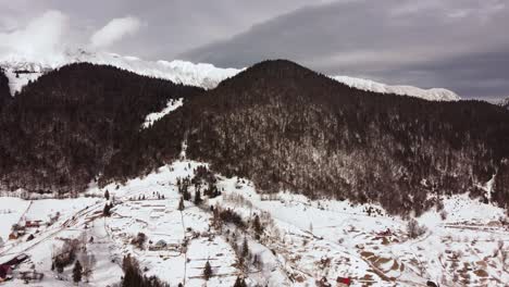 Luftaufnahme,-Die-über-Grüne-Kiefern-In-Einer-Schneebedeckten-Bergkette-Fliegt