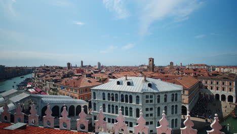 Slow-dolly-forward-shot-over-beautiful-historic-cityscape-of-Venice-during-wonderful-sunny-day-with-blue-sky