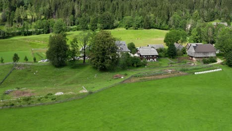Idyllic-alpine-farm-in-Jezersko,-Slovenia,-aerial-view