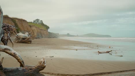 Nahaufnahme,-Aufschlussreiche-Aufnahme-Eines-Leeren-Strandes-Mit-Einem-Angespülten-Baumstamm-Am-Strand-In-Neuseeland