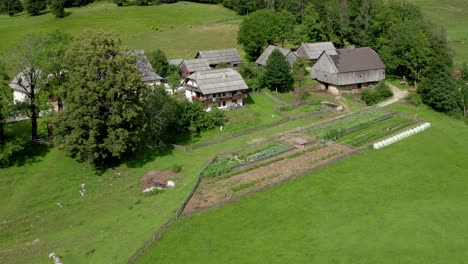 Aerial-view-of-traditional-alpine-farm-in-European-Alps,-Jezersko,-Slovenia