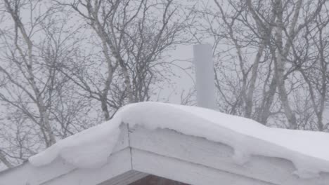 House-roof-covered-in-snow,-while-snowstorm-sways-trees-in-background