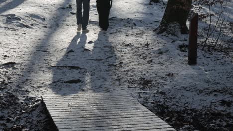 Beine-Eines-Paares,-Das-Im-Winter-Gemeinsam-Auf-Einem-Waldweg-Spazieren-Geht
