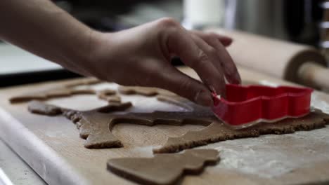 Caucasian-woman-dusting-gingerbread-dough-with-flour-and-cutting-out-tree-shape