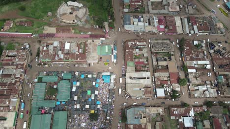 Birdseye-Aerial-View-of-Loitokitok-City-Downtown-on-Market-Day,-Kenya