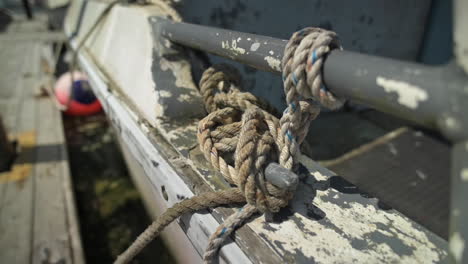 Rustic-Wooden-Boat-Rope-Tied-To-Cleat-At-Dock-In-A-Marina-In-Oregon