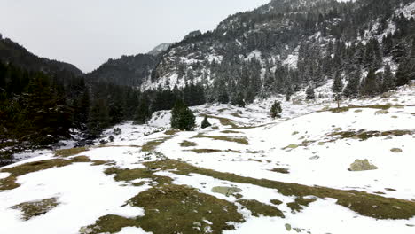 Aerial-view-moving-forward-through-the-snowy-valey-in-La-Llosa,-La-Cerdanya