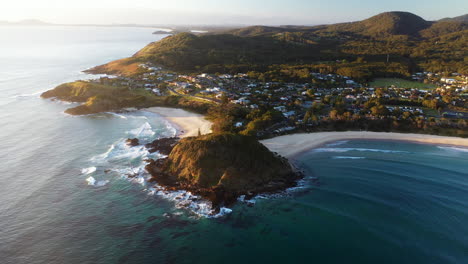 Wide-drone-shot-of-Scotts-Head-beach-and-town-in-Australia