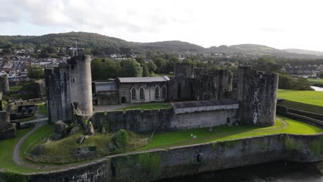 Caerphilly-town-and-castle-aerial-panorama,-landmark-of-South-Wales