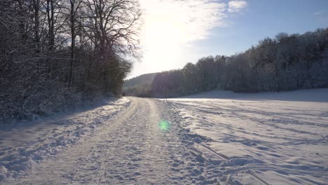 Pov-Caminando-Por-El-País-De-Las-Maravillas-Del-Invierno-En-Un-Día-Soleado-Con-Cielo-Azul-Claro-Durante-El-Invierno-En-Baviera,-Alemania