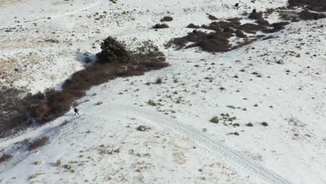 Aerial-View-of-Person-Walking-on-Winter-Hiking-Trail-in-Valley-of-Rocky-Mountain-Range,-Drone-Shot