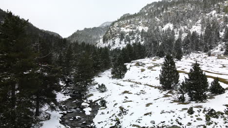 Luftaufnahme,-An-Einem-Verschneiten-Tag,-Der-Berge-Und-Des-Waldes-Rund-Um-Das-Tal-Und-Den-Fluss-In-La-Llosa,-La-Cerdanya