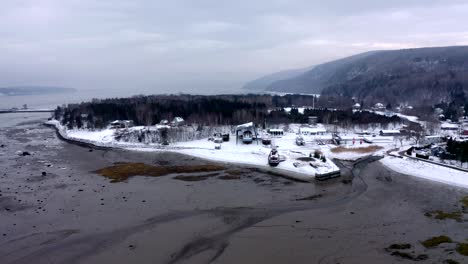Aerial-shot-over-the-Saint-Lawrence-river-and-a-shipyard-in-Charlevoix-in-winter