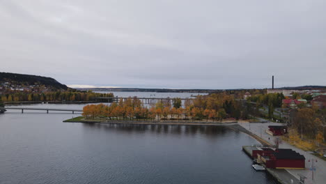 Scenic-Harbor-And-Landscape-Of-Östersund,-Sweden---Aerial-shot