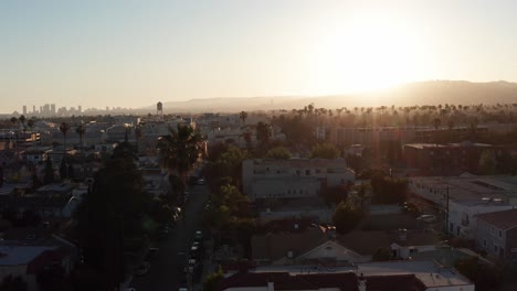 Aerial-rising-shot-of-the-Hollywood-sprawl-at-sunset