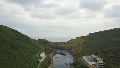 Boscastle-harbour-inlet-in-Cornwall,-United-Kingdom,-aerial-view