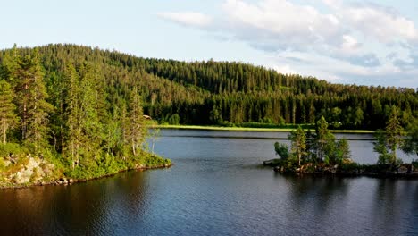 Scenic-View-Of-Coniferous-Mountains-With-Peaceful-Water-River-During-Summer-In-The-Islands-Of-Norway