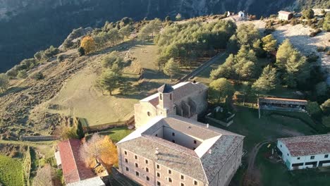 Aerial-views-of-a-monastery-on-the-top-of-a-hill-in-the-catalan-pyrenees-in-Spain