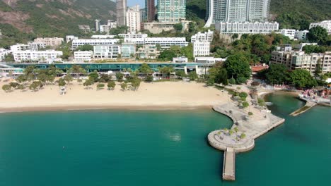 Empty-public-beach-in-Hong-Kong-due-to-Covid19-lockdown-guidelines,-Aerial-view