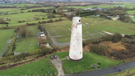 Historic-Leasowe-Lighthouse-maritime-beacon-landmark-aerial-coastal-countryside-Wirral-view-left-parallax
