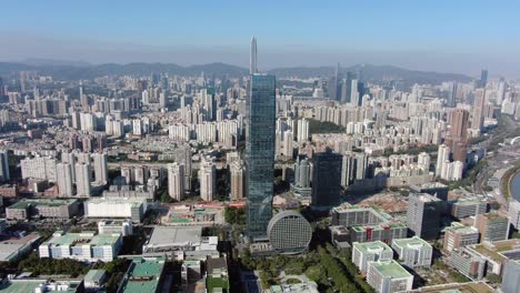 Shenzhen-financial-district-skyscraper-surrounding-by-urban-buildings,-Aerial-view