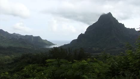 Opunohu-Bay-and-Mount-Rotui-view-from-Belvedere-Lookout,-Moorea-island,French-Polynesia
