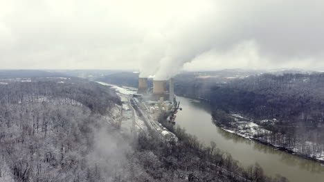 Panning-drone-shot-of-a-coal-burning-power-station-on-a-river