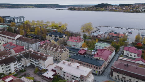 Charming-Residential-Houses-and-Commercial-Buildings-In-östersund-City-In-Sweden---aerial-shot
