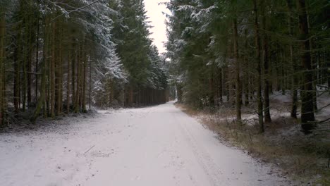 4k-Uhd-Luftdrohnenclip-Einer-Verschneiten-Straße,-Umgeben-Von-Bäumen-In-Einem-Wald-Im-Winter-Mit-Schnee,-Der-Die-Baumwipfel-In-Bayern,-Deutschland-Bedeckt