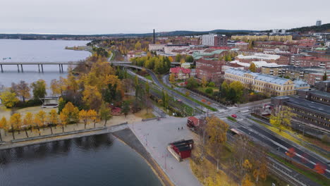 Fly-Over-Historical-And-Traditional-Architecture-Of-Östersund-Sweden---aerial-shot
