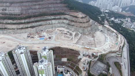 Urban-development-site-for-residential-construction-in-Hong-Kong,-Aerial-view