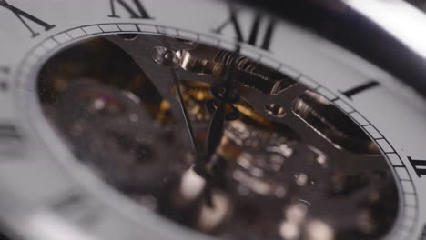 Mechanical-Pocket-Watch-With-Visible-Gears-And-Hand-Ticking,-macro,-focus-pull