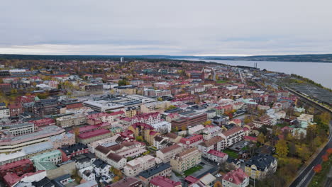 Large-Island-Of-Östersund-City-Sweden-With-Charming-Architecture---aerial-shot