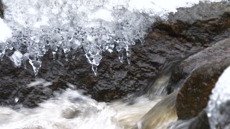 Natürliche-Eisbildung-Eiszapfen-Auf-Felsen-Im-Natürlichen-Wasserstrom
