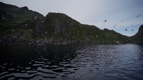 Vista-Panorámica-De-La-Bandada-De-Aves-Marinas-Que-Vuelan-Sobre-El-Océano-Ondulante-En-Noruega