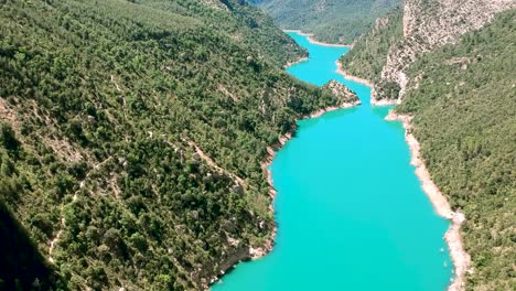 Water-flow-along-the-valley-of-Spain,-Catalonia-forest,-drone-moving-over-the-Catalonia-river