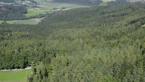 Aerial-Pan-Left-View-Of-Forest-Landscape-Near-Market-Town-Of-Lavamund-In-Austria