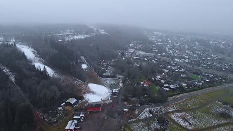 Swedish-ski-resort-scene-mid-winter-with-little-snow,-global-warming