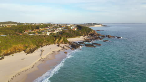 Forster-Burgess-Beach-on-New-South-Wales-coast,-Australia,-sunrise-aerial-view