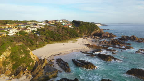 Beautiful-Australian-Burgess-Beach-in-Forster,-New-South-Wales,-aerial-reveal
