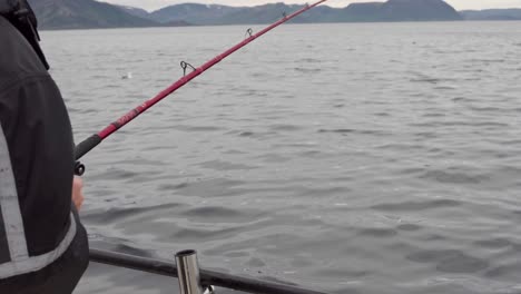 Fischer-In-Einem-Boot-Spinnrolle-Einer-Angelrute-Im-See