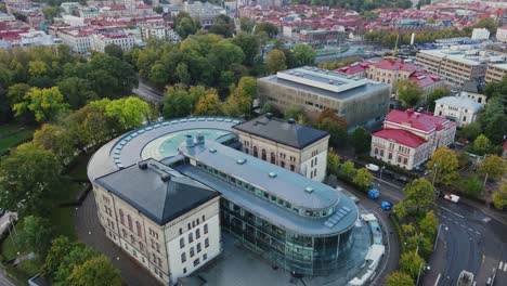 Pedagogen-Building-At-The-University-Of-Gothenburg-In-Sweden,-aerial-drone