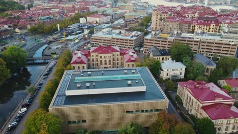 Aerial-View-Of-Buildings-Along-Lilla-Bommen-Rosenlund-In-Gothenburg,-Sweden,-drone-shot