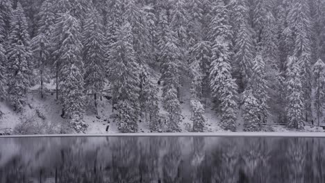 People-walk-around-lake-with-snow-covered-pine-trees