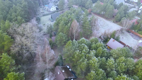 Aerial-top-down-shot-of-rural-frozen-landscape-with-iced-trees-and-buildings-early-in-the-morning