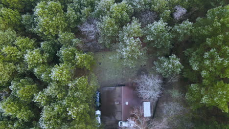 Aerial-top-down-shot-of-holiday-cottage-apartment-surrounded-by-snowy-trees-in-winter